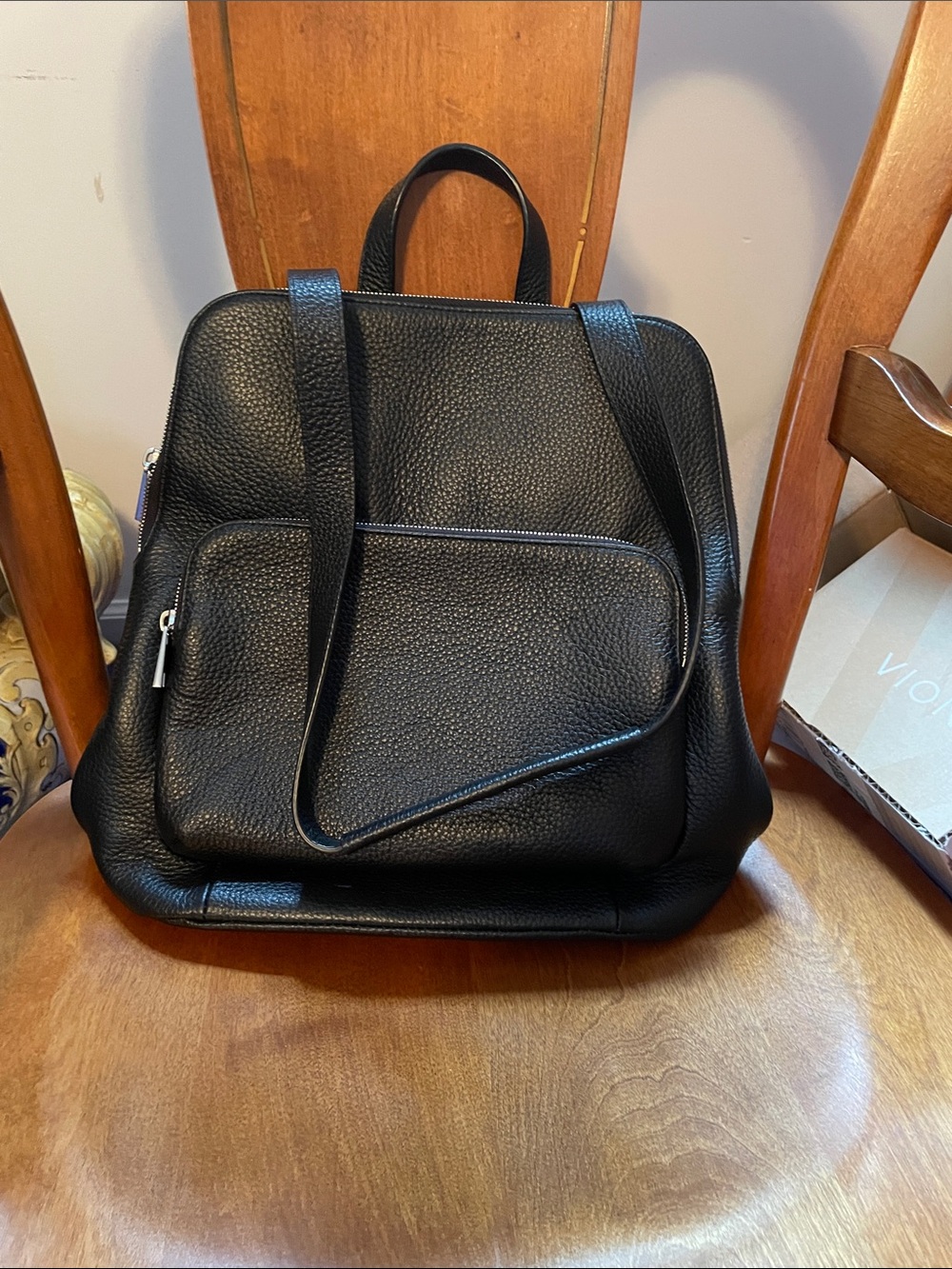 Quince Black Pebbled Leather Backpack with Front Zip Pocket